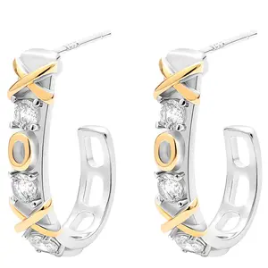 Charmaine Hugs and Kisses Half Hoop Earrings for Women by Ginger Lyne | Two Tone Gold Plated Statement Cubic Zirconia Ear Rings | Fashion Jewelry for Wife or Girlfriend
