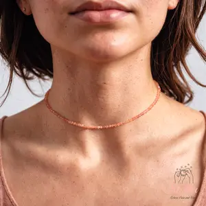 Delicate Sunstone Stone Beads Choker Necklace, Tiny Dainty Faceted Gemstone Beaded Necklace, Waterproof Crystal Beaded Choker, Dainty Minimalist Style for Women Handmade Adjustable, gift for her