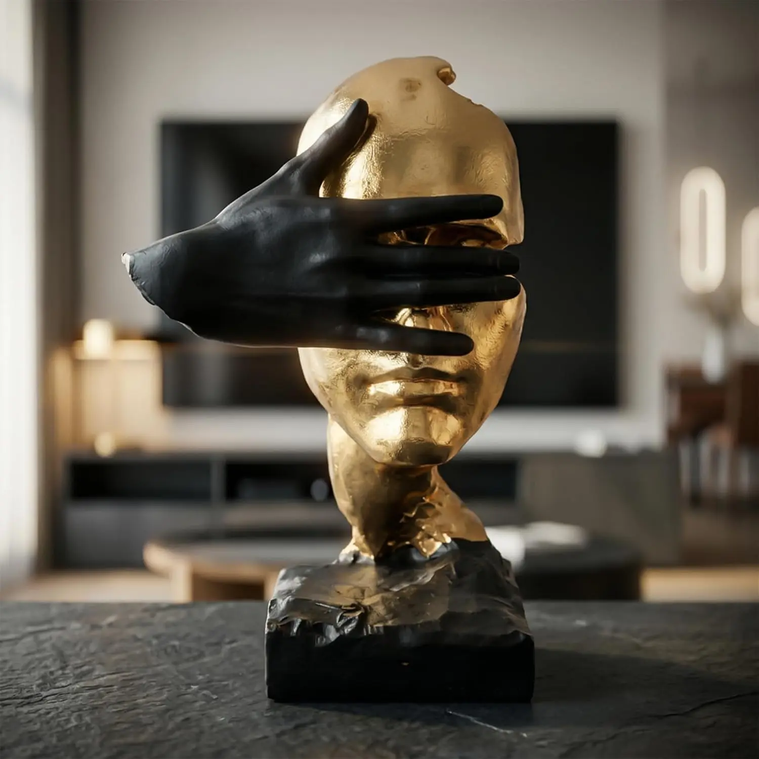 Artistic Standing Abstract Thinker Resin Statue - Matte Black Hand-Covered, Precise Textured Gold Face Blindfolded Figurine, Enigmatic Anchor Indoor Home Decor for Living Room Office Desk, Indoors
