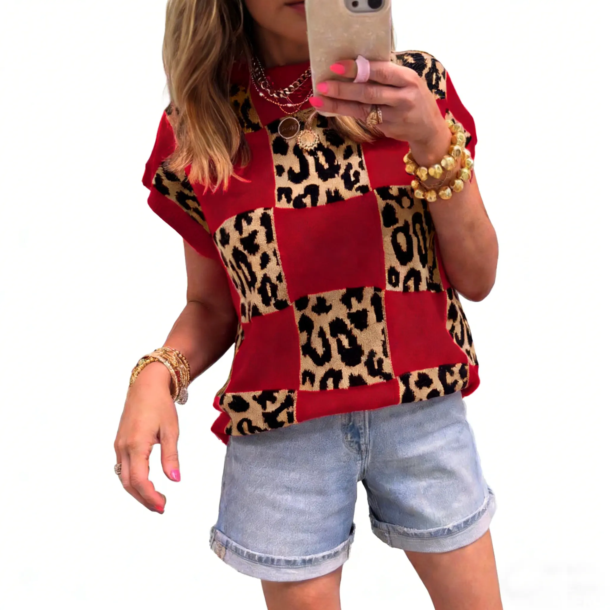 Women's Fitted Sweater Top in Red Leopard and Checkered Print, Casual Shortsleeve Round Neck Knit Pullover, Plaid, Red Leopard Print, Lady, Dressy Casual Tops