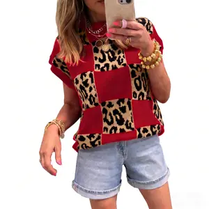 Womens Leopard Print Top Crewneck Checkerboard Short Sleeve Knit Sweater Vest Womenswear  Casual Shortsleeve