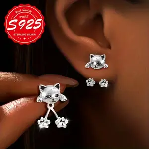 Veliora Gift B A pair of S925 pure silver lady cat paw pendant earrings, fashionable and creative, cute and adorable pet-themed
