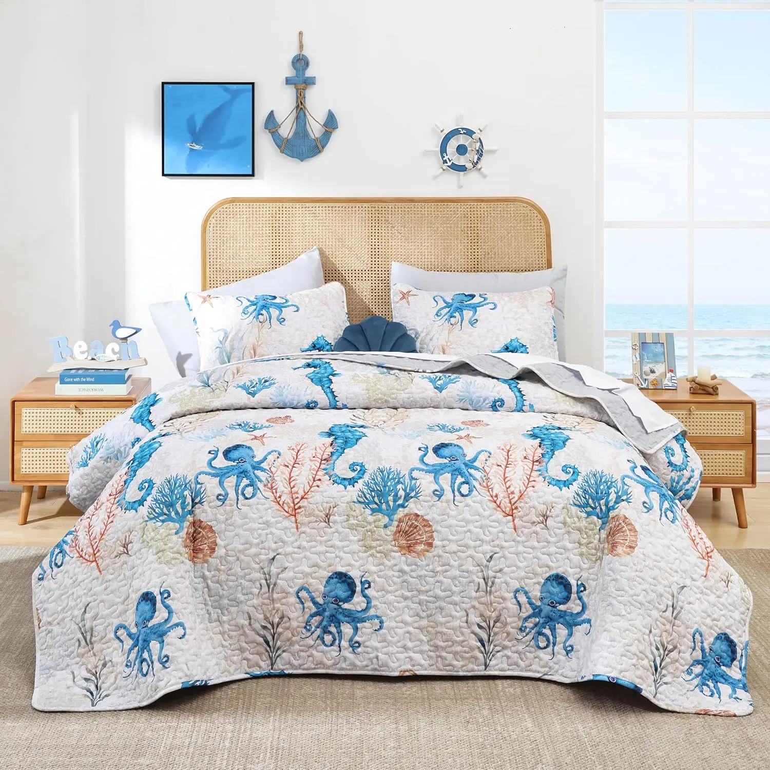 Queen Size Nautical Bedding Set - Ocean Blue Seahorse Synthetic Breathable All-Reversible Coverlet with Pillow, Soft Lightweight Summer Beach Tropical Bedding Sets Comforter