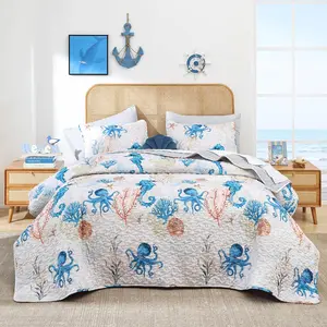 Queen Size Nautical Bedding Set - Summer Beach Tropical Synthetic Breathable All-Reversible Ocean Blue Seahorse Coverlet with Pillow, Soft Lightweight Comforter