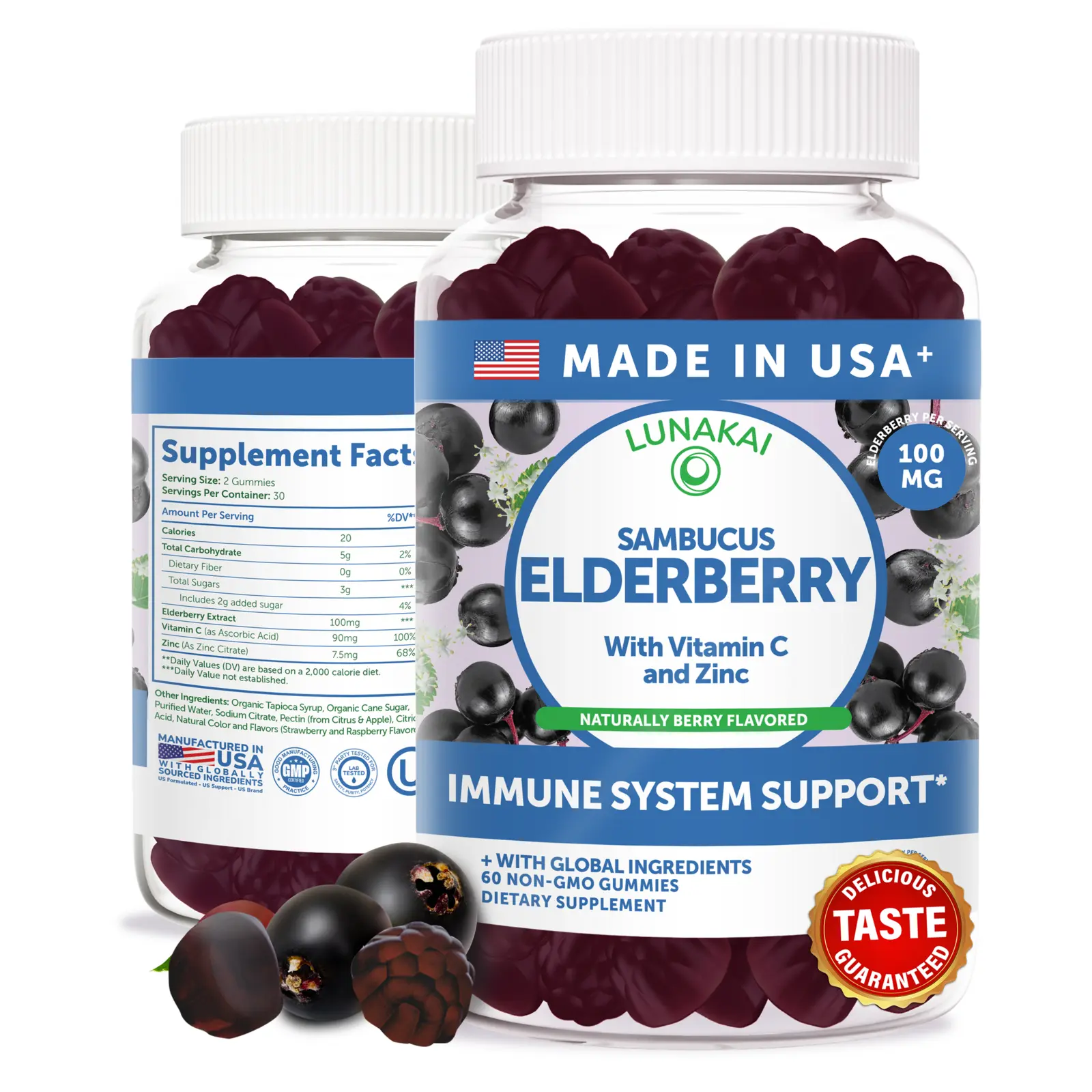 Lunakai Sambucus Elderberry Gummies - Immune Support with Vitamin C & Zinc - Delicious, Non-GMO, Edible Supplement for Kids & Adults, 60ct for Fitness