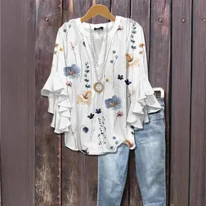 New Floral Element Print Digital Print Casual Trendy V-neck Ruffle T-shirt Women's Clothing Sleeve Top Womenswear Blouse Coat