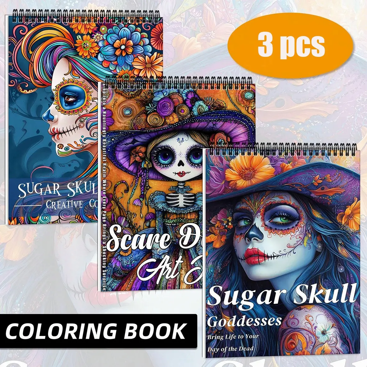 3-Pack Adult Coloring Books, Themed Coloring, Unique Themes - Scare Dolls & Sugar Skull Women Theme - Stress Relief Art Designs for Relaxation & Creativity - Perfect Gift for Halloween, Christmas - Spiral-Bound, Single-Sided Printing