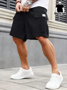 Men's Plus Size Workwear Shorts, Multi-Pocket Drawstring Waist Casual Street Style Fitness Shorts, Loose-Fitting Plain Design