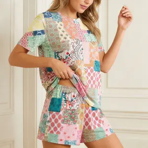 Women's 2-Piece Shortsleeve Pajama & Loungewear Set - Patchwork Floral Soft Top, Elastic Waist Shorts, Breathable Fabric, Comfortable Fit, Machine Washable for 2-3 Seasons