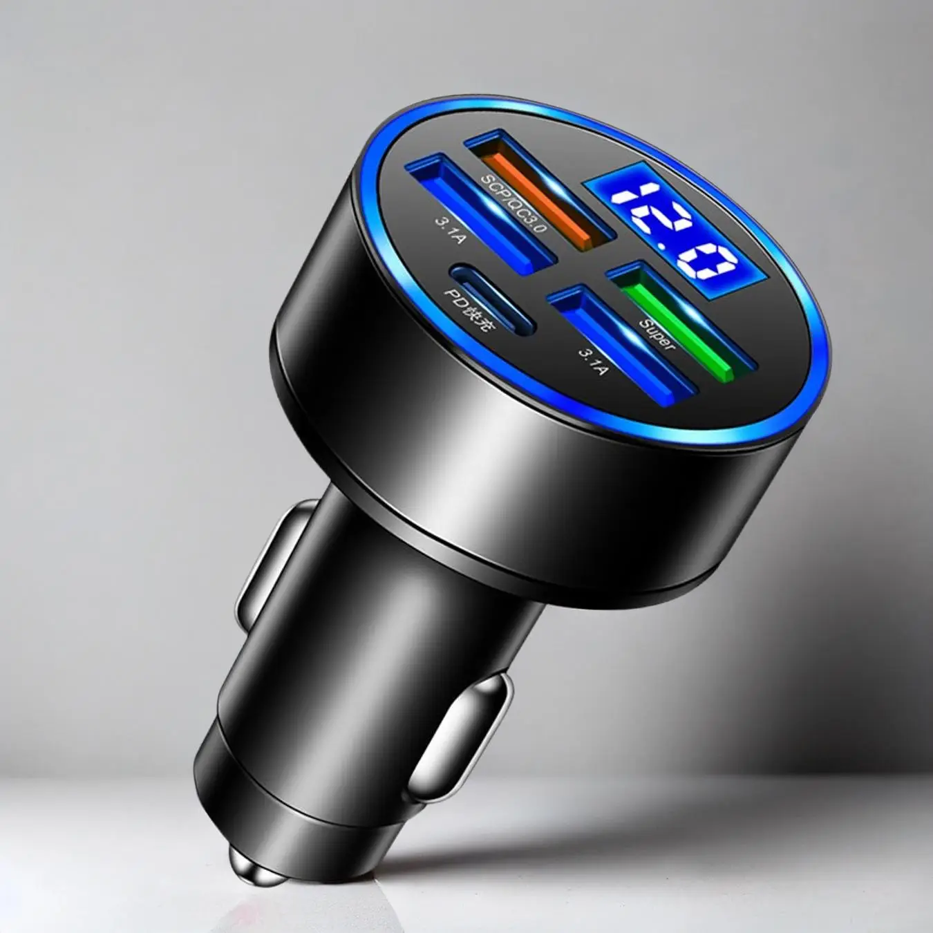 Portable Car Charger with Smart Digital Display, 5-port Car Charger Fast Charging PD QC3.0 USB C Car Phone Charger Type-C Adapter, Car Accessories