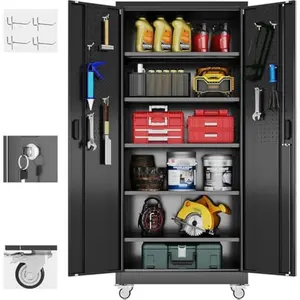 Metal Garage Storage Cabinet with Door Pegboard, Lockable & 5 Adjustable Shelves, Required Assembly for Home, Garage (Black)