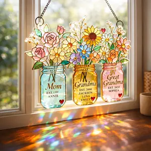 Personalized Generations Floral Jar Suncatcher with Name, Mom Grandma Great Grandma Flower, Mothers Day Acrylic Window Hanging Decor Gift