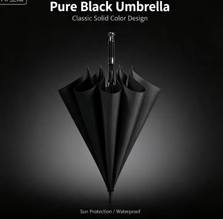 Solid Black Long Handle Umbrella, Large Straight Umbrella with Black Coating, UV Protection Sun Rain Dual Use Family Oversized Umbrella Cover Water Proof Minimalist