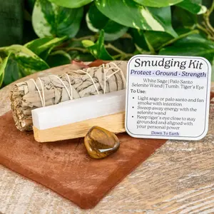 Down To Earth Tiger's Eye Smudging Kit - Organic White Sage, Palo Santo, Selenite Wand, Tumbled Crystal for Purification & Grounding
