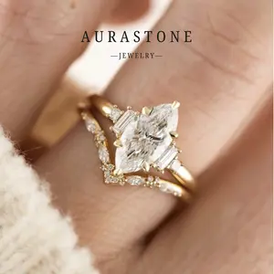 [#111RS]AURASTONE Moissanite S925 Silver Full-set Moissanite（Ring+Band）Marquise Cut Double-ring Stacked Ring Women's Engagement /Proposal ring
