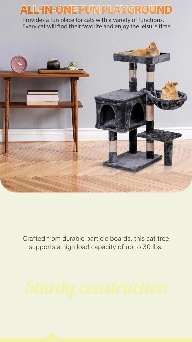 36" Cat Tree Cat Tower Scratching Posts Cat Condo W/Hammock for Indoor Cats Gray