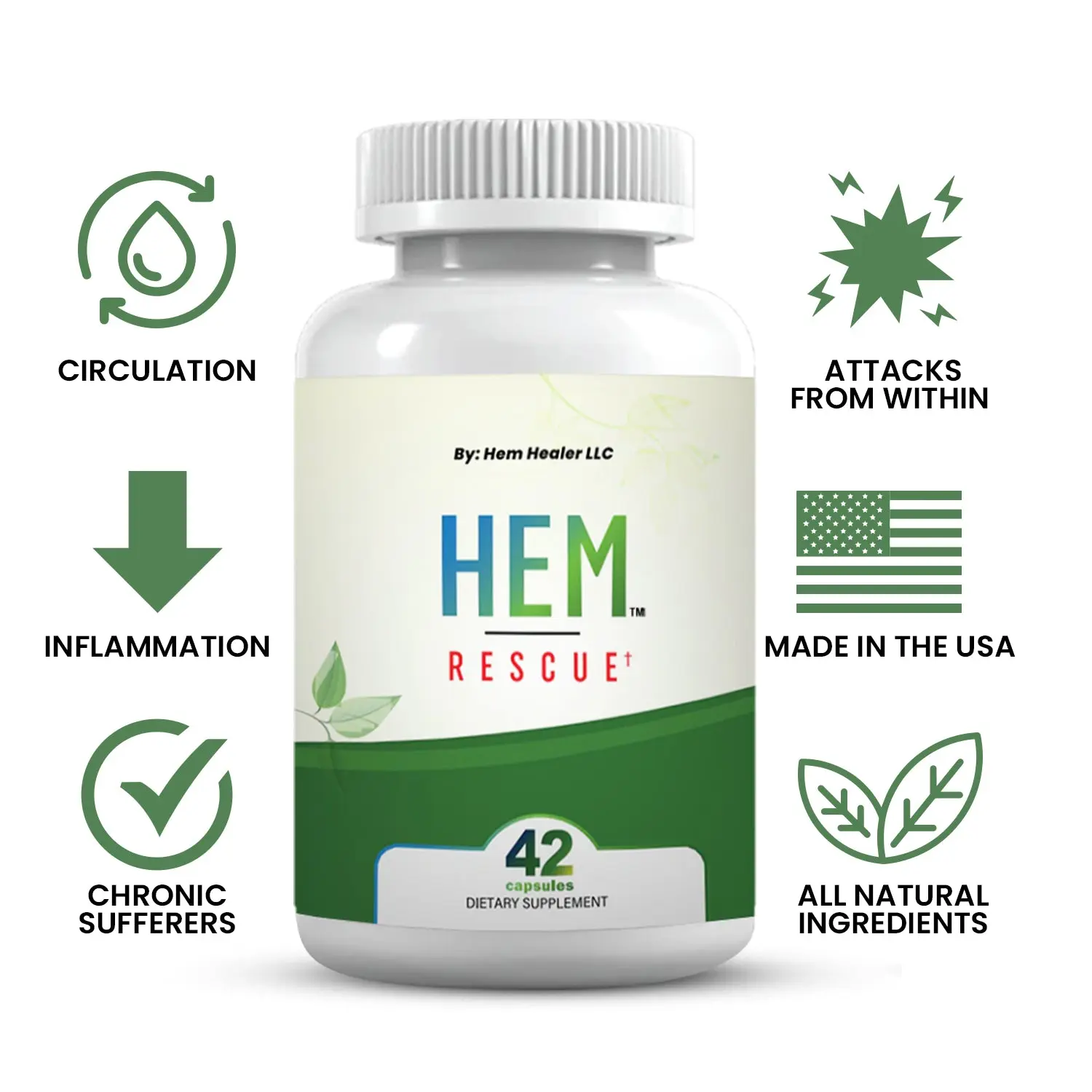 Hem Healer Hem Rescue - Targeted Hemorrhoid Relief, 42 Capsules, All-Natural Herbal Supplement with Witch Hazel, Horse Chestnut & Butcher's Broom, Vein & Digestive Support, Made in USA, Non-GMO