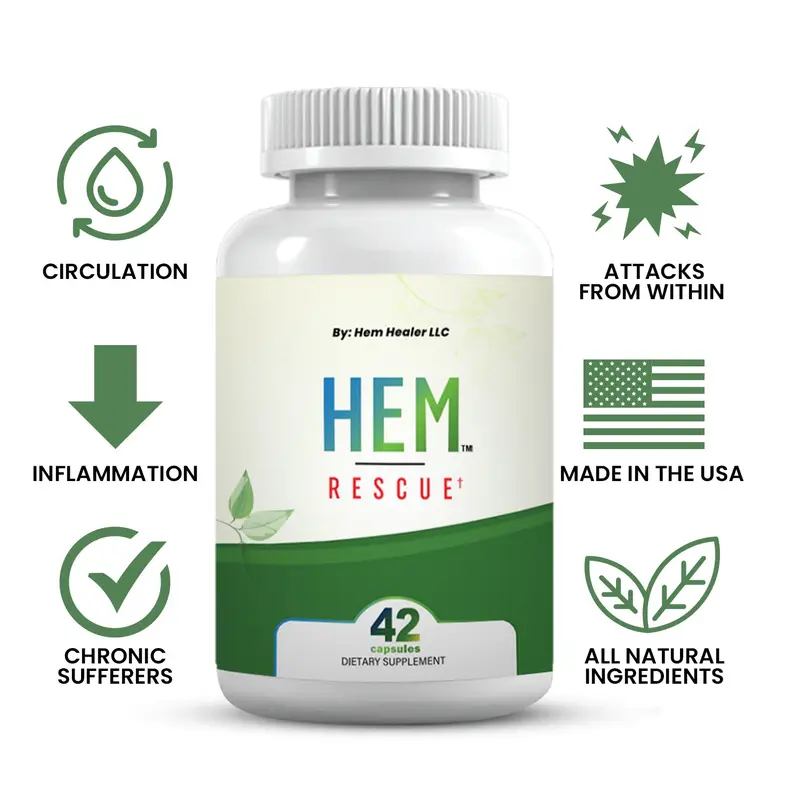 Hem Healer Hem Rescue - Targeted Hemorrhoid Relief, 42 Capsules, All-Natural Herbal Supplement with Witch Hazel, Horse Chestnut & Butcher's Broom, Vein & Digestive Support, Made in USA, Non-GMO