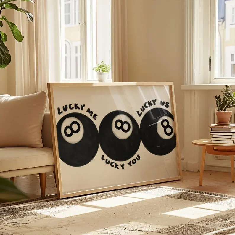 Unframed Retro Sports Black-and-White 8-Ball Billiard Paper Wall Art Print - 1-Piece Decoration, Multi-Size 12x18/17x17/18x24/24x24/27x40, Tube-Packaged Home Decor Posters & Prints Supplies