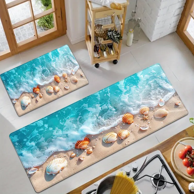 1pc Polyester Flannel Thermobonded Absorbent Bath Mat - Ocean Beach Wave Shell Printed Rug, Non Slip Stain Resistant Quick-Dry Home Decor Rug, Statement Flannel Doormat for Bathroom, Kitchen Non Slip Rugs