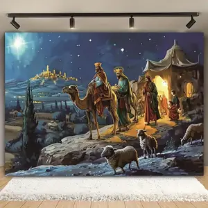 1pc 2D Flat Nativity Scene Backdrop Cloth, Christmas Manger Theme Background, Polyester, Prayerful Gathering Print for Event Decor, Photo Booth, Live Streaming - Universal Holiday Use