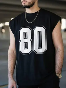 Digital 80 American Sports Style Sleeveless Vest, Vintage Ball Jersey Windbreaker, Graphic Print, Casual Daily Wear, Streetwear