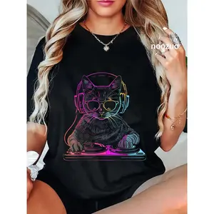 100% Cotton DJ Cat EDM Techno House Music Funny Cat Lover T-Shirt