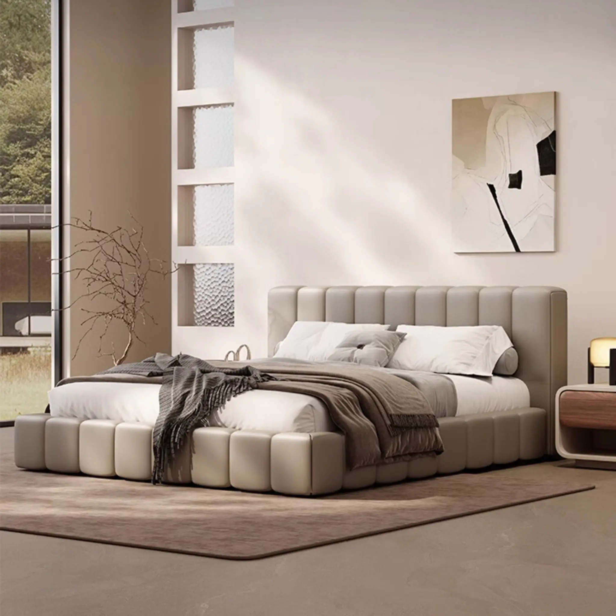 Minimalist Leather Platform Bed Frame with Headboard