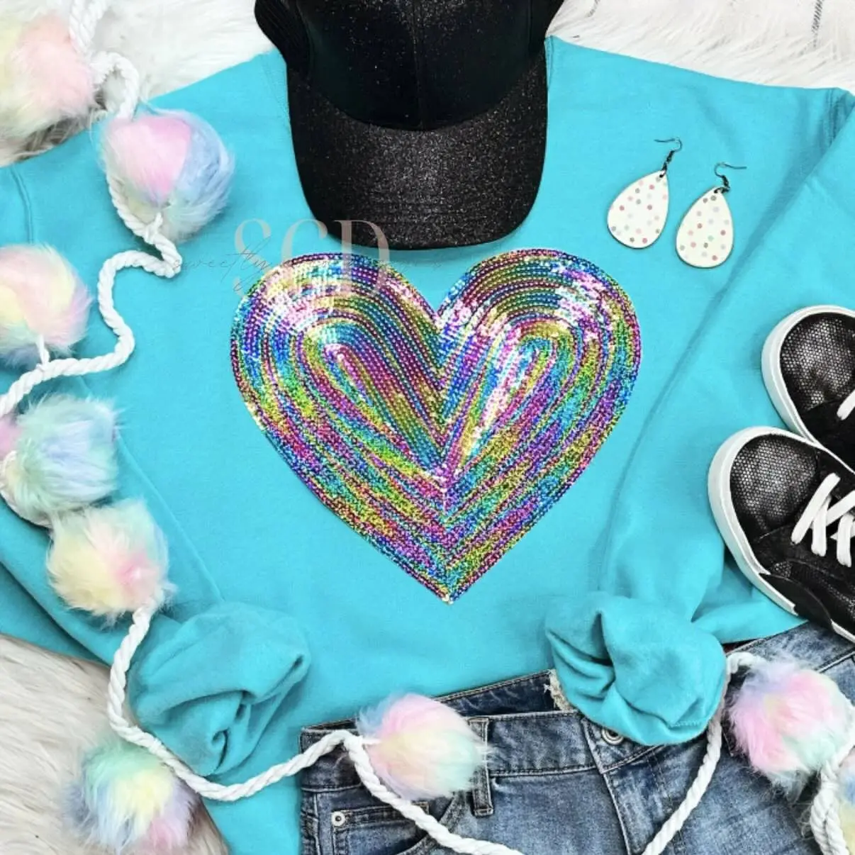 Rainbow Heart Sequin Patch Top Valentines Day