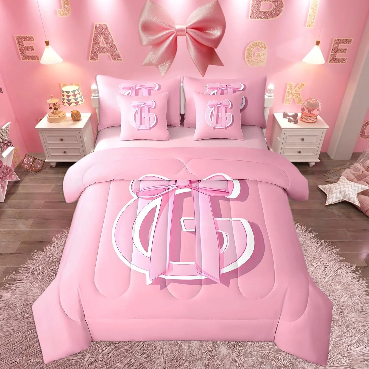 Dreamy Bow Bed Set,,Decor Gifts for Women Teen Girl Ultra Soft Initial Letter G 7 Pieces Beeding Set,Monogrammed Bed in a Bag with Comforter,Sheets,Pillowcases Kawaii Pink
