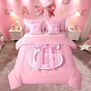 Dreamy Bow Bed Set,,Decor Gifts for Women Teen Girl Ultra Soft Initial Letter G 7 Pieces Beeding Set,Monogrammed Bed in a Bag with Comforter,Sheets,Pillowcases Kawaii Pink