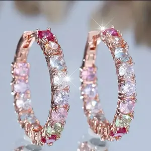 Rose Gold Earrings with Multi-Colored CZ Stones for Women's Fashion Jewelry