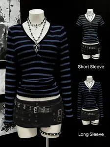Women's long sleeved and short sleeved T-shirt Casual Gothic style black gray striped V-neck slim fitted knit top, with a close fitting knit material that looks slim and creates a niche Gothic atmosphere.