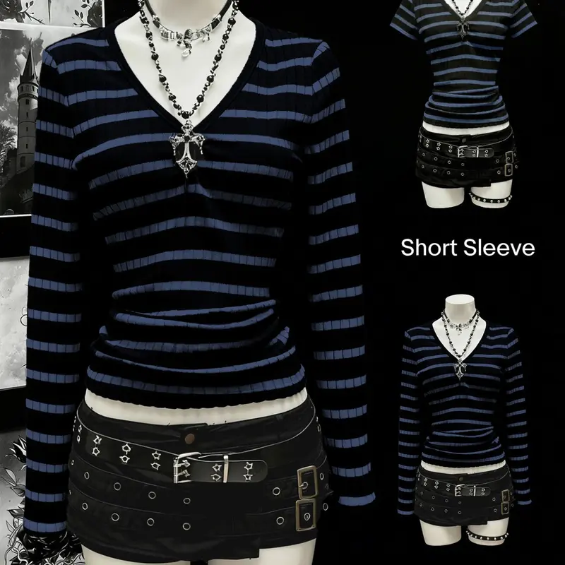 Halloween Women's Long Sleeve Short Sleeve T-Shirt, Gothic Striped V Neck Slim Fit Knit Top, Tight Knit Material Slimming Effect, Casual