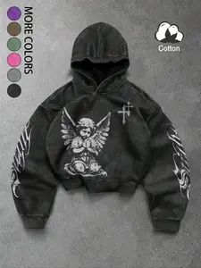 Unisex Vintage Street Casual Style Angel Prayer Hoodie with Distressed Cross Print, Loose Gothic Sweatshirt for Trendy Couples and Fashion Enthusiasts