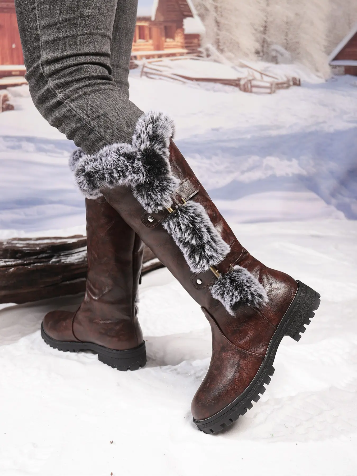 Women's Fuzzy Winter Warm Boots, Solid Color, Flat Design, Soft Sole, Anti-Slip Tall Snow Boots, Perfect for Christmas, Footwear