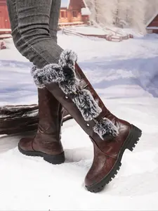 Women's Fuzzy Winter Warm Boots, Solid Color, Flat Design, Soft Sole, Anti-Slip Tall Snow Boots, Perfect for Christmas