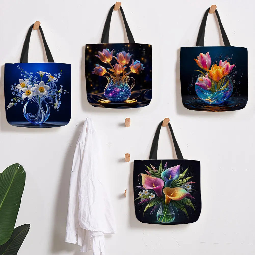 Women's Casual Linen Floral Print Tote Bags - 4pcs Large-Capacity, Foldable Vertical Square Open Top Double Handle Shoulder Bags for Shopping