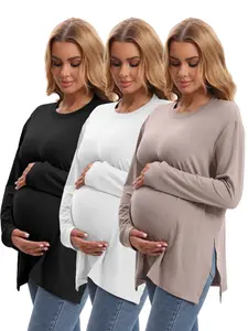 Cymebosilux 3 Pack Women's Maternity Crew Neck Long Sleeve Side Slit Yoga Activewear Loose Fit  Top in Comfortable Fabric