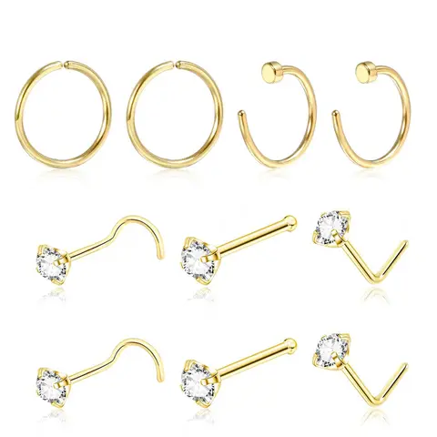 Rhinestone Decorated Stainless Steel Piercing Nose Ring (10pcs) Nose Rings Set, L Shaped Nose Stud for Women & Men, Fashion Body Jewelry for Party, Daily Clothing Decor, Birthday Gift Body Jewellery
