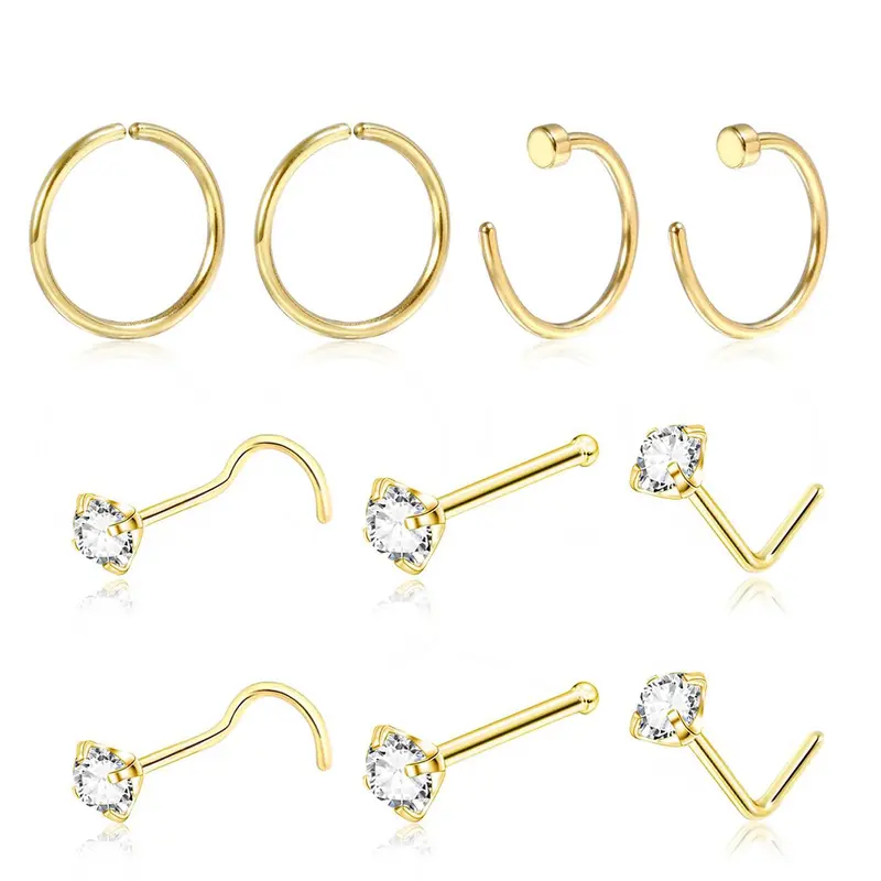 Rhinestone Decorated Stainless Steel Piercing Nose Ring (10pcs) Nose Rings Set, L Shaped Nose Stud for Women & Men, Fashion Body Jewelry for Party, Daily Clothing Decor, Birthday Gift Body Jewellery