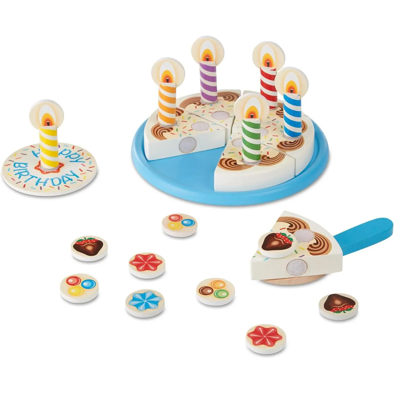 Pretend Play Set - Wooden Birthday Party Cake with Mix-n-Match Toppings and 7 Candles
