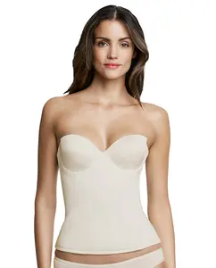 Dominique Paige Seamless Strapless Longline Bra #8500 - Convertible Padded Bustier with Low Back, Hidden Underwire & Detachable Garters - Shaping Lingerie for Women - Bone