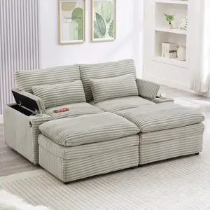 Loveseat Sofa with 2 Ottomans, Modular Sectional Convertible Sofa Bed, Corduroy Upholstered Couch with Storage Armrests, Cup Holders & USB Ports, Small Apartment Living Room Furniture,Gray