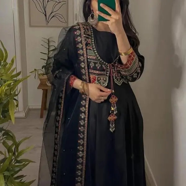 Anarakali Women's Black Chamderi Silk Summer Dress with Elegant Design and Traditional Patterns - Casual, Womenswear