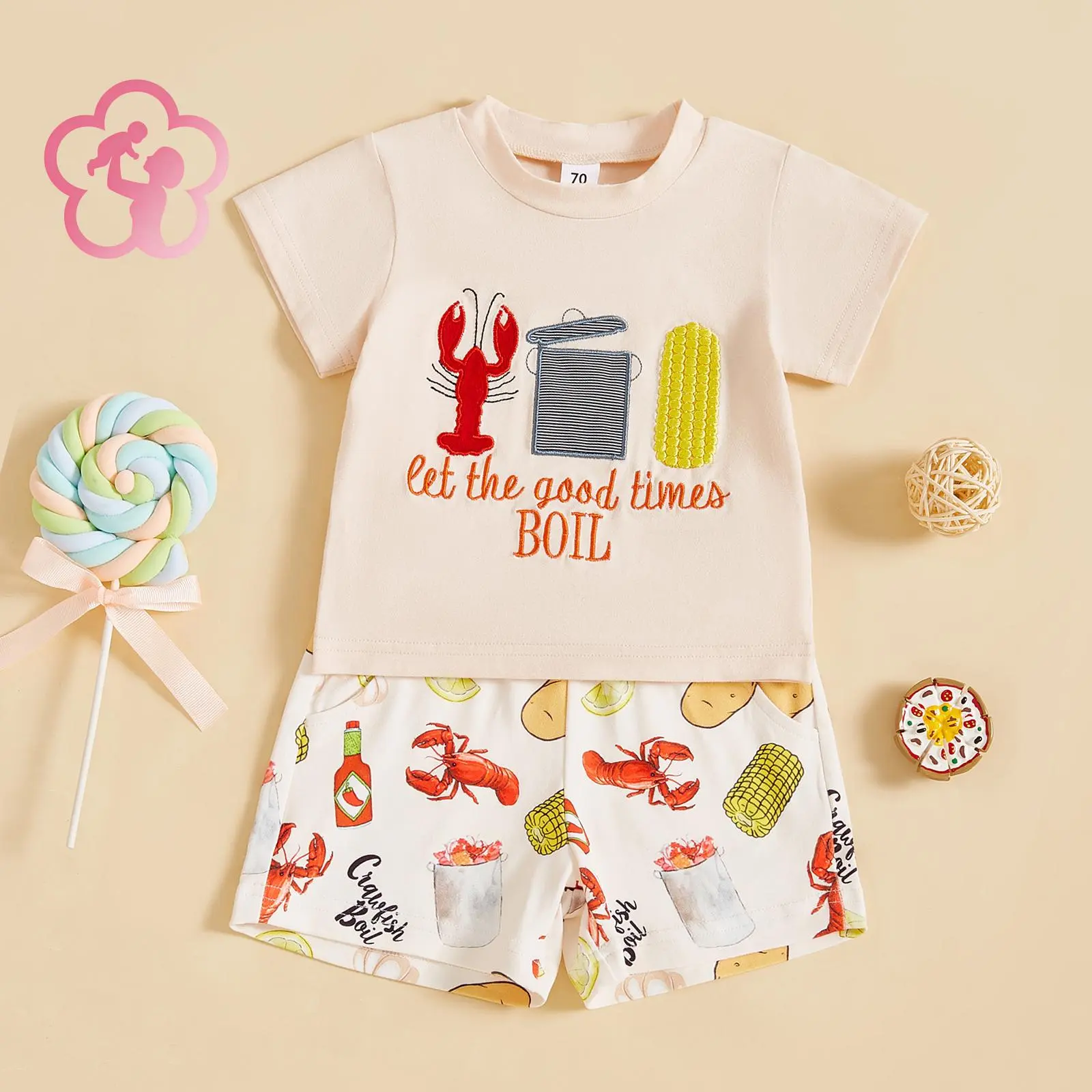 (95% Cotton) GCB Kids Summer Outfit, Short Sleeve Crew Neck Embroidery T-shirt with Lobster Print Shorts Clothing Set