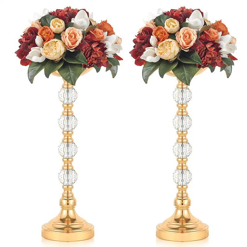 2 pcs flower stands, metal flower vase holders, tall gold crystal centerpieces, wedding table decorations, banquet reception decorations, home living room ornaments, floral arrangement racks, party table centerpieces