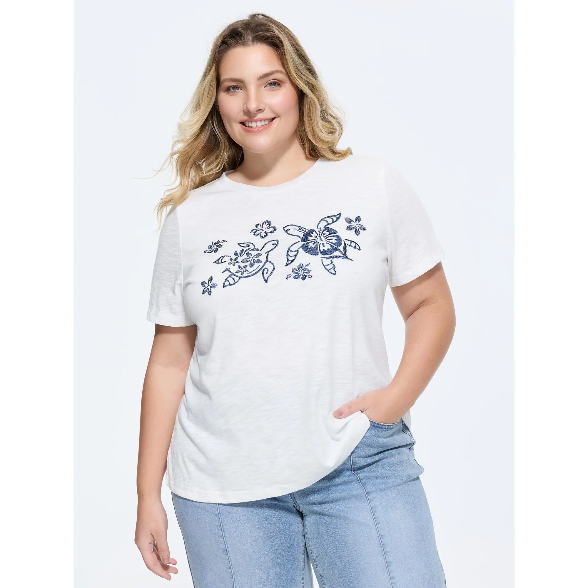 BloomChic Women's Plus Size Embroidered Sea Turtle T-Shirt, Casual Short Sleeve Top in a Soft Spandex Blend, Low Iron Fabric, Women's Clothes, Marine Print, Casual Wear, Round Neck, Elastane, Smoke, Tshirt, Comfy Casual