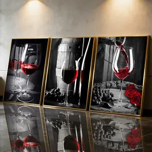 3Pcs Aluminum Alloy Framed Painting, Red Wine And Grapes Art Picture, Home Decoration For Living Room, Bedroom, Office, Restaurant, Hallway Wall Decor, Odorless Print Artwork, Luxury Perfect Gift For Friends And Family