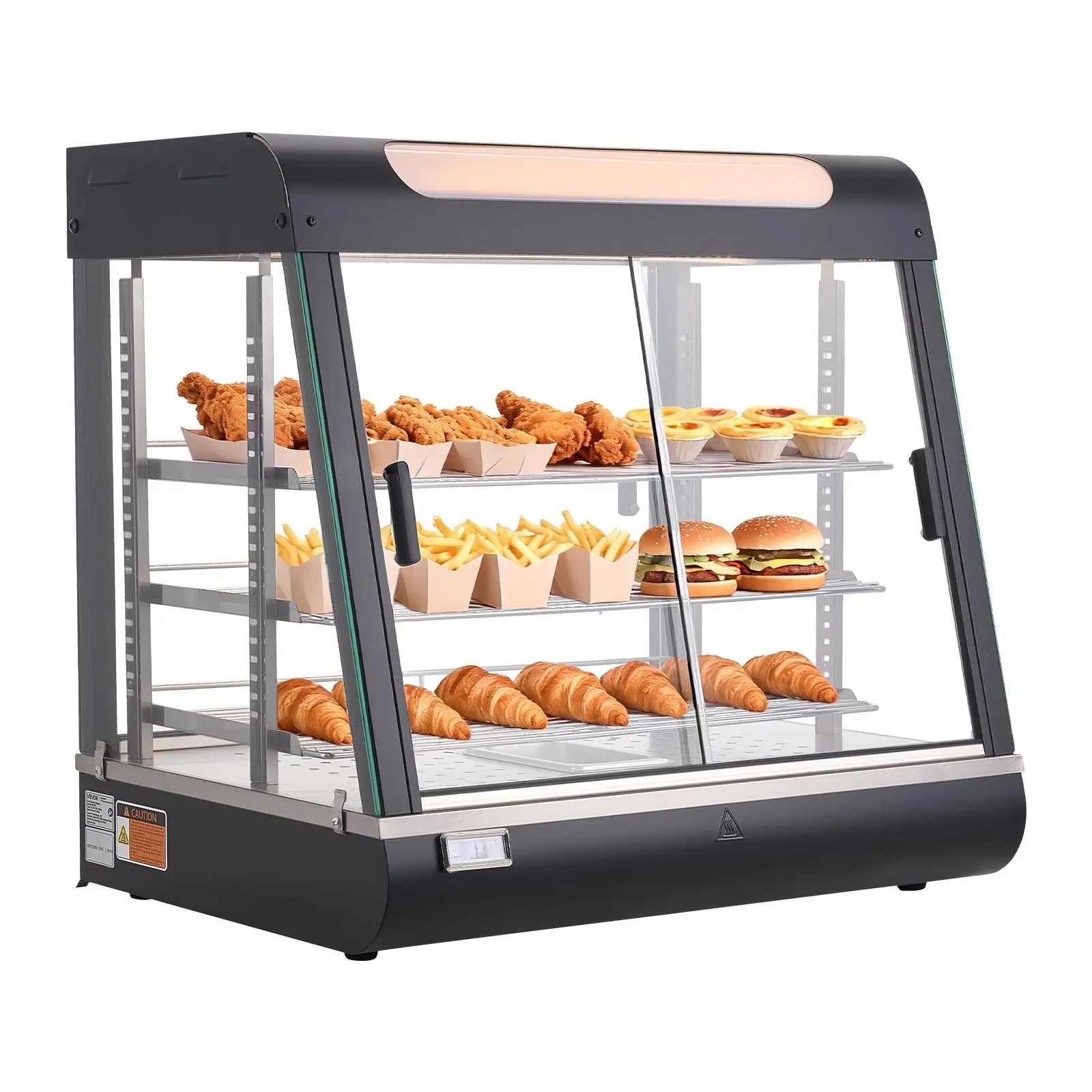 【Summerfinds】VEVOR 3-Tier Commercial Food Warmer Display, 1200W Food Display Warmer with LED Light, Top Storage and Adjustable Shelves, 86℉~185℉ Steam Heating, 106Qt/100L for Hamburger, Pizza, Bread, Fried Chicken